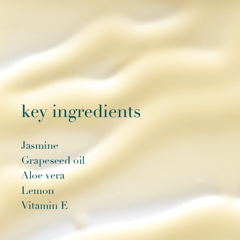 A close-up of a creamy, pale yellow cosmetic or skincare product with a soft, wavy texture. On the left, teal text reads 'key ingredients' followed by a list: Jasmine, Grapeseed oil, Aloe vera, Lemon, and Vitamin E.