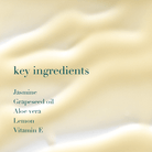 A close-up of a creamy, pale yellow cosmetic or skincare product with a soft, wavy texture. On the left, teal text reads 'key ingredients' followed by a list: Jasmine, Grapeseed oil, Aloe vera, Lemon, and Vitamin E.