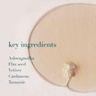 A minimalist ingredient graphic with the text 'key ingredients' and a list reading Ashwagandha, Flax seed, Vetiver, Cardamom, and Turmeric. The right side shows a large pale beige organic shape on a light cream background, with a small cluster of pearl-like beads near the lower right edge.